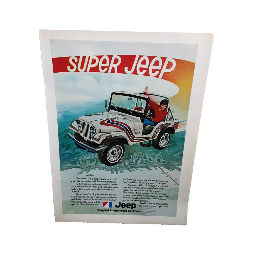 1973 Jeep Super Jeep CJ 5 Flying Over City 4 Wheel Drive Print Ad Original